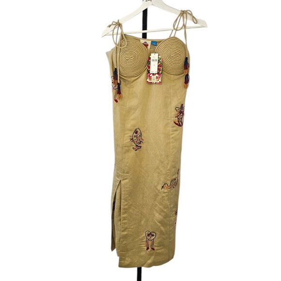 Farm Rio x Anthropologie Embroidered Linen Blend Dress, Beaded, Sz M - Picture 2 of 9